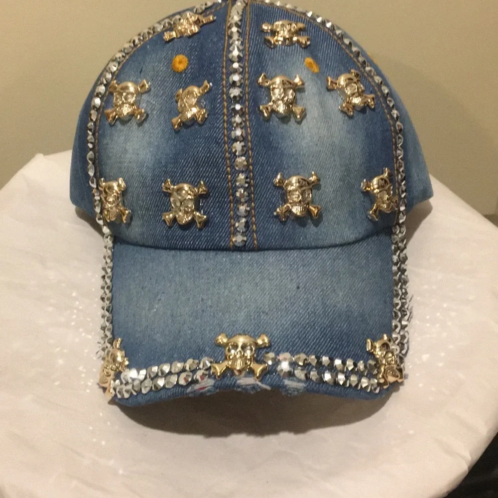 NWOT Denim Rhinestone distressed Skull Bling Hat adjustable strap unisex size OS